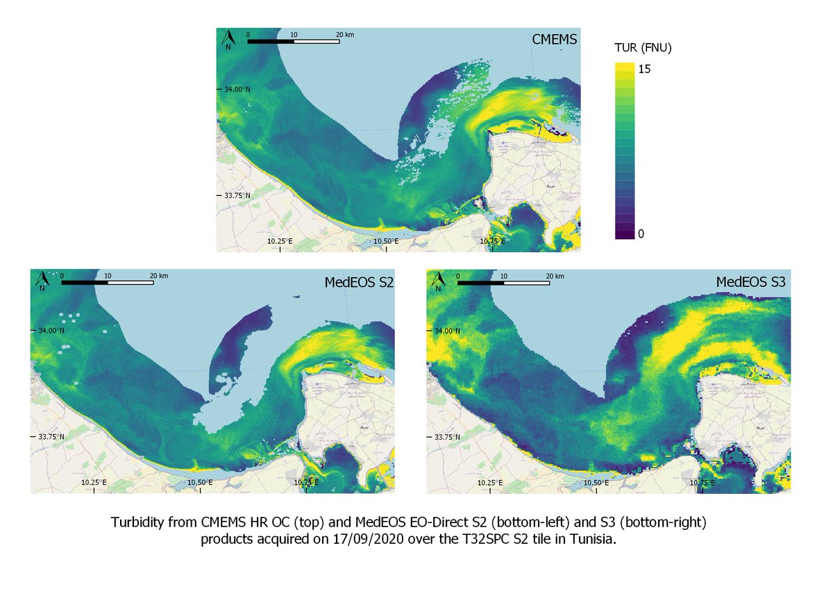 MEDEOS1's tweet photo. #MedEOS: EO-Direct Service, performed by @TelespazioFr in the MedEOS consortium, derives water quality parameters maps from #Copernicus S2 and S3 data. Turbidity maps in the Southern part of the Gabès gulf in Tunisia are compared with the CMEMS reference in this image. https://t.co/WWCN5tGVl2