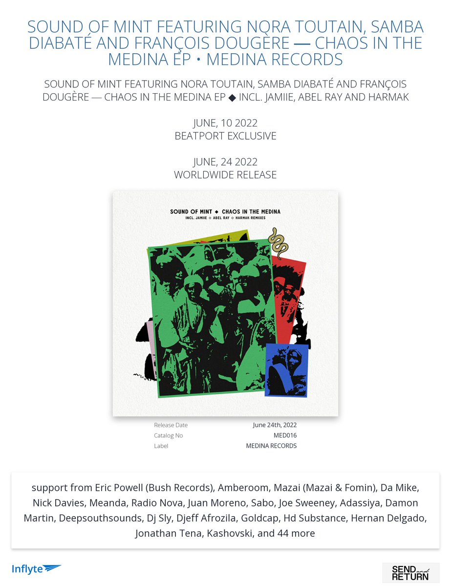 _sendandreturn's tweet image. Cheers @DJNickWarren for the review "Excellent remixes from Abel and JAMIE"
inflyteapp.com/r/n4e5cq