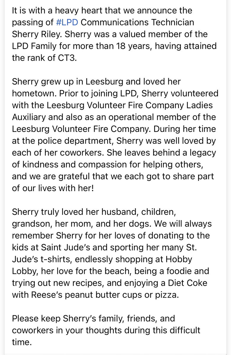 LeesburgPolice's tweet photo. It’s with a heavy heart that we announce the passing of #LPD Communications Technician Sherry Riley. Sherry was a valued member of the LPD Family for >18 yrs, having attained the rank of CT3

Please keep her family, friends, &amp; coworkers in your thoughts during this difficult time https://t.co/WpDeQoQ2Nn