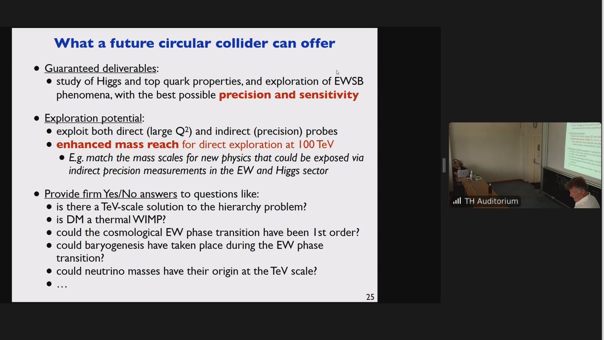 thermalization's tweet image. Michelangelo Mangano @CERN TH gives theory colloquium on why FCC?

Part in programme of "Precision calculations for future e+e– colliders: targets and tools" indico.cern.ch/event/1140580/…

#FutureCircularCollider #HiggsFactory #HZZ
