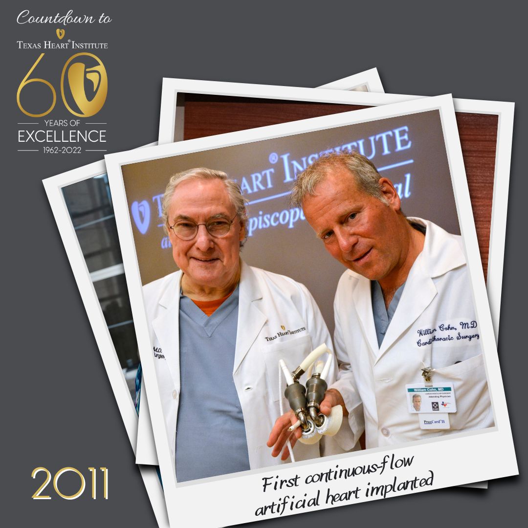 Texas_Heart's tweet photo. 4️⃣9️⃣ Days to 60 Years: #In2011, Dr. Cohn and Dr. Frazier perform the first successful implantation of a continuous-flow total artificial heart in a human.
Read more: https://t.co/jp46as6KUY
#TheNextFirst #TexasHeartInstitute #TAH #DrOHFrazier #60YearsOfExcellence https://t.co/HN9MvRCdh3