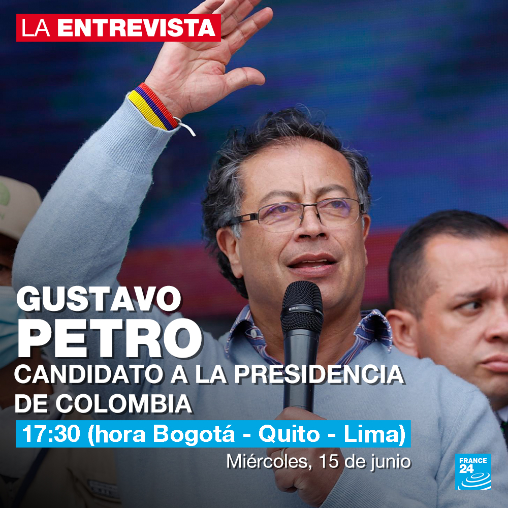 France24_es's tweet photo. 🇨🇴🗳️ Esta noche en #LaEntrevistaF24 hablaremos con @petrogustavo, candidato a la Presidencia de Colombia.

🗓️ Miércoles 15 de junio de 2022
⏰ 17:30 hora Bogotá - Quito - Lima
🎙️ Presenta @lmpandiella 
📡 https://t.co/GVqNmOJhTO https://t.co/vhk6YQ98J8