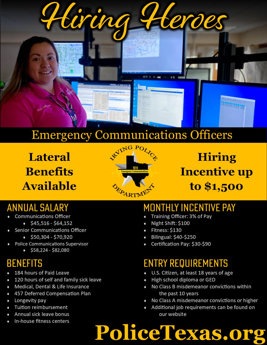 IrvingPD's tweet photo. Ready to make a difference? Join our family! We are hiring Emergency Communications Officers!
#HeadsetHeroes #AnsweringTheCall #JoinIPD #ThinGoldLine
Basic Information: https://t.co/2adAXNwUZt
Apply online at: https://t.co/pHGSWqPRqK https://t.co/XWDsQDIOEH