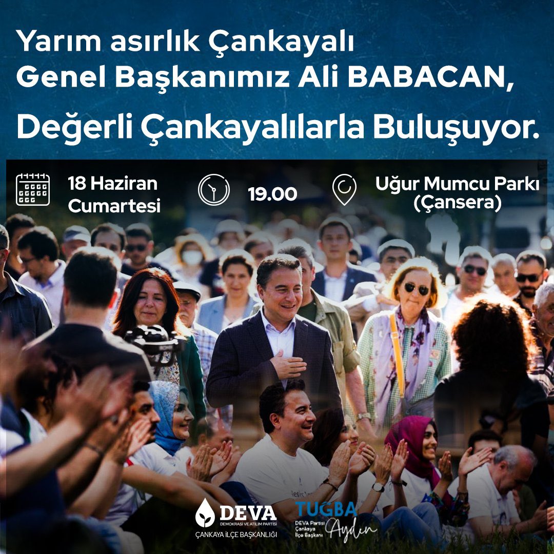 📣 Değerli Çankayalılar,

yarım asırlık Çankayalı Genel Başkanımız #AliBabacan’ın siz değerli Çankayalılarla buluşacağı etkinliğimizde sizleri de aramızda görmekten onur duyarız.

🗓 18 Haziran Cumartesi 
⏰ 19.00
📍Uğur Mumcu Parkı (Çansera)