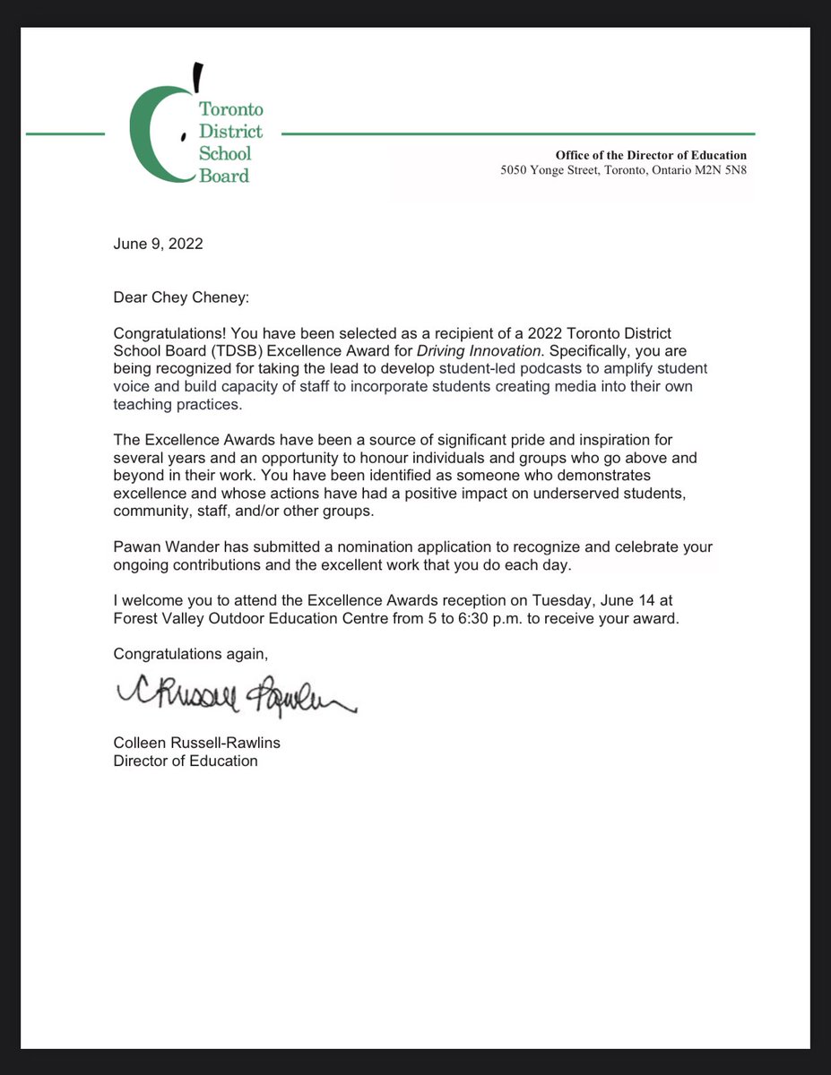 mrccheney's tweet photo. I am excited and humbled to share that I was recognized with twelve other educators in @tdsb at the 2022 Excellence Awards reception yesterday. 

Amplifying and elevating student's voices and experiences through podcasting 🙌🏻

Thank you to all those that elevated my story! https://t.co/PBj3PyowBL