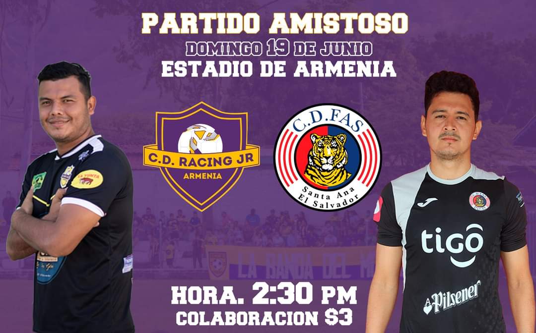 CDRacingJr's tweet photo. ¡Nos vemos este domingo! ⚽️🥅

Partido amistoso entre Club Deportivo Racing Jr. y @CDeportivoFAS 🐯 en el Estadio 21 de Noviembre de Armenia.

Hora: 2:30 pm
Colaboración: $3

100% #MoradoYAmarillo 💜💛 https://t.co/YeFS5BwGwc