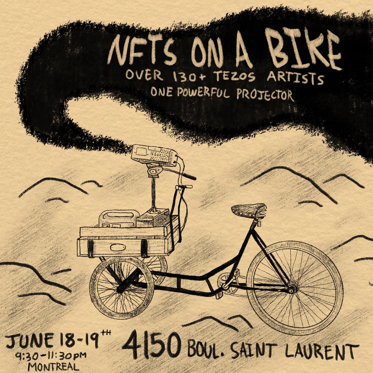 NFTs On A Bike!
Cant wait to show all the amazing art that was submitted!! 
If you are in Montreal on June 18th-19th come say hello! Weather permitting. 
2 hour show of all submitted works.

List of artists twitters below 👇