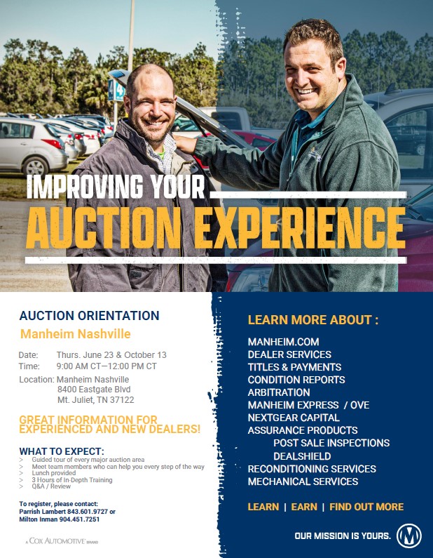 Manheim_NASH's tweet photo. Our Dealer Orientation is one week away. Learn about new tools and resources or refresh yourself on the latest and greatest Manheim has to offer. Register now!  #Automotiveeducation #manheimnashville #manheim https://t.co/DBvf1T07Ni