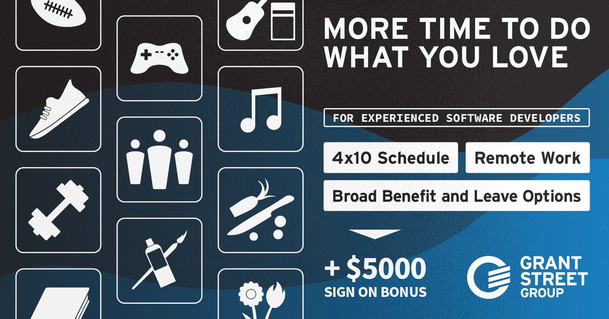 Experienced developers – want more time to do what you love?  We’re offering an optional #4x10workweek, $5,000 sign-on bonus, and great work-life balance. Check out our job postings and apply today!
grantstreet.com/careers

#softwareengineer #softwaredeveloper #remotework