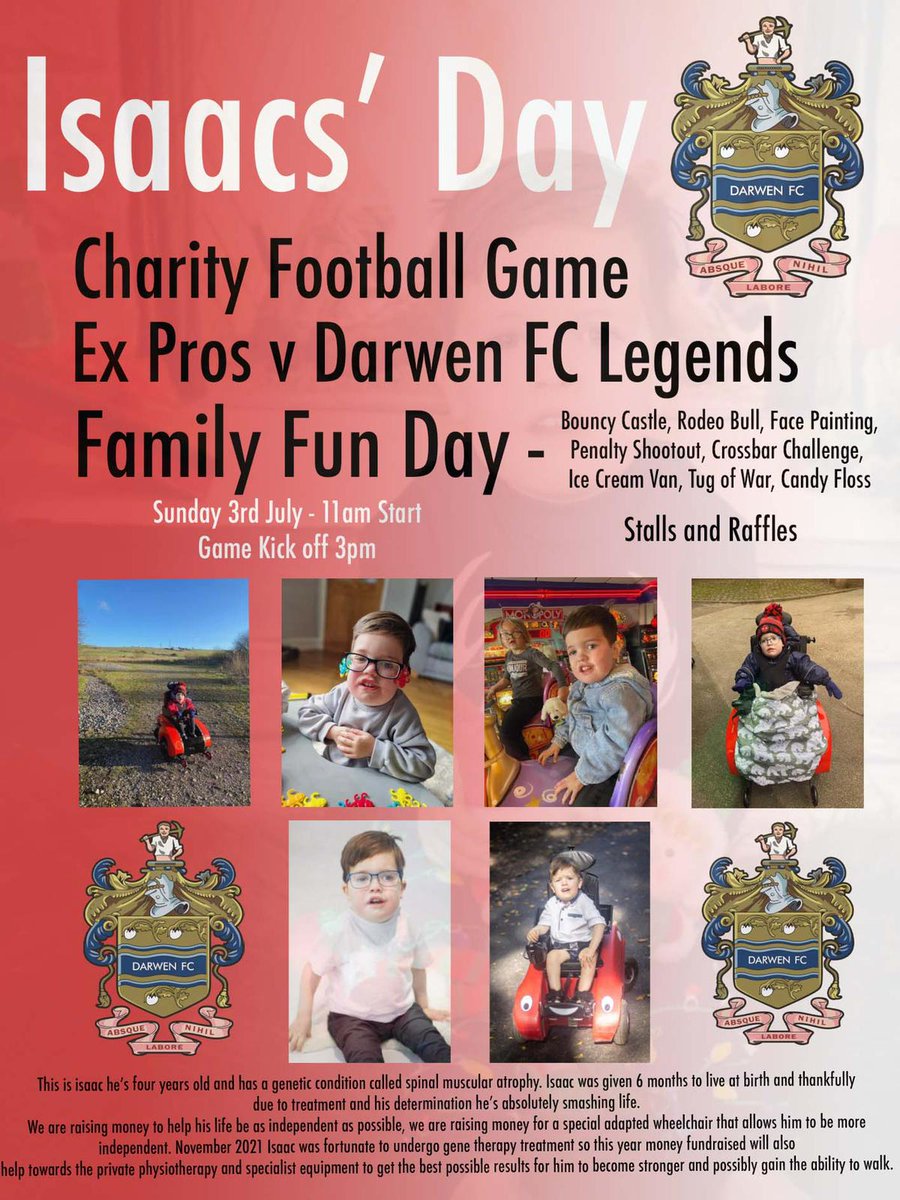 DarwenFC's tweet photo. ▶️ Isaac's Day 2022

Issac's Day Returns on Sunday 3rd July at the Anchor Ground.

The Family Fun day will include a Charity game of Ex Pros v a Darwen Legends Team. Details below.

If you want to run at stall at the fun day email info@afc-darwen.co.uk

#OneClub 🇦🇹 https://t.co/kEonihGWwz
