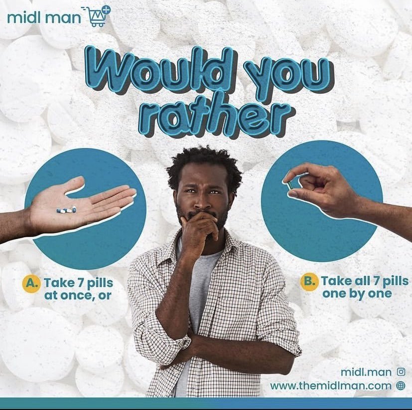 themidlman's tweet photo. So, which one is it for you? 7 pills all at once like a pro or 7 pills one after the other because you’re not about to risk any getting stuck in your throat 😂��🏽‍♀️

Let’s know your choice in the comments. You can also tag your friends to answer the question too. https://t.co/oABrNbdw1S