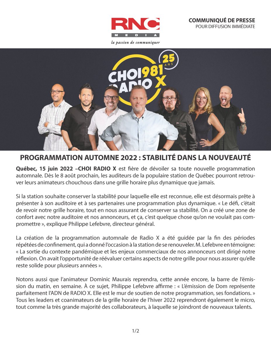 CHOIRadioX's tweet photo. Découvrez la nouvelle programmation qui entrera en vigueur le 8 août 2022 dans ce communiqué de presse! Bon été à tous ! https://t.co/2TU6eSwEUt