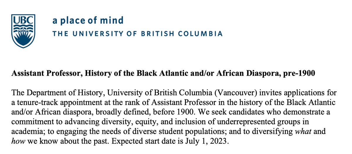 📢 BIG ANNOUNCEMENT: My department is hiring a tenure track Assistant Professor in the BLACK ATLANTIC!!! Early deadline of Sept15. Teaching load: 2/2 Spread the news! 

P.S. I'm happy to talk to interested folks about life <a href="/UBC/">University of British Columbia</a> and Vancouver esp as a Black, American woman