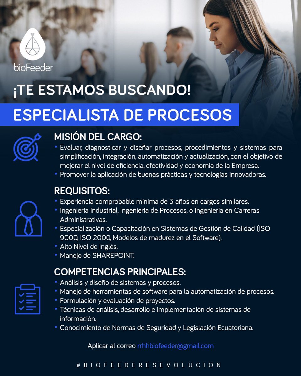 bioFeeder_Ec's tweet photo. Se abrió una vacante para el cargo de Especialista de Procesos 👨🏻‍💻📊 Si cumples con los Requisitos y competencias, no dudes en enviarnos tu hoja de vida al correo 📨 rrhhbiofeeder@gmail.com

#camaron #acuicultura #sihaytrabajo #ofertadeempleo #vacante #vacantegye #guayaquil https://t.co/YjdGcnfqK5