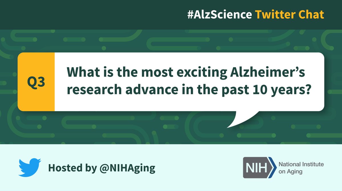 NIHAging's tweet photo. Question 3 (Q3): What is the most exciting Alzheimer’s research advance in the past 10 years? #AlzScience https://t.co/pKW1DQfSWc