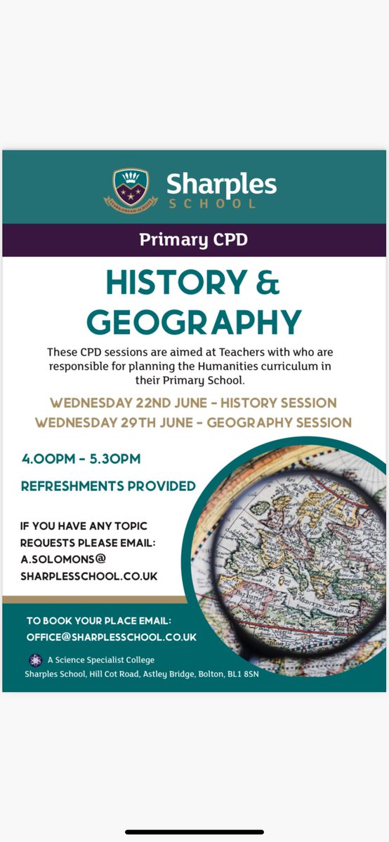 Are you a Primary Humanities Lead? We have free CPD next week at Sharples to help with KS2-KS3 understanding. Book now!