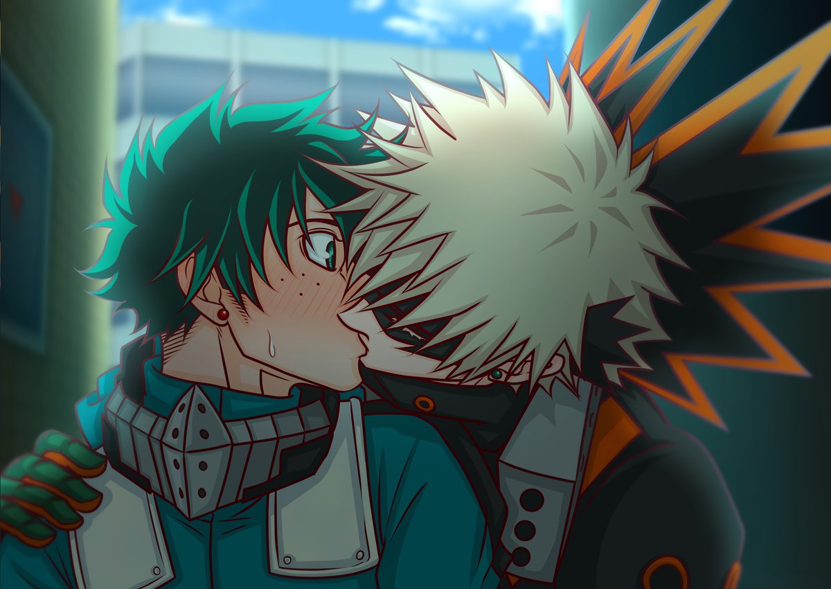 bakugou katsuki ,midoriya izuku multiple boys spiked hair male focus 2boys green bodysuit blonde hair hug  illustration images