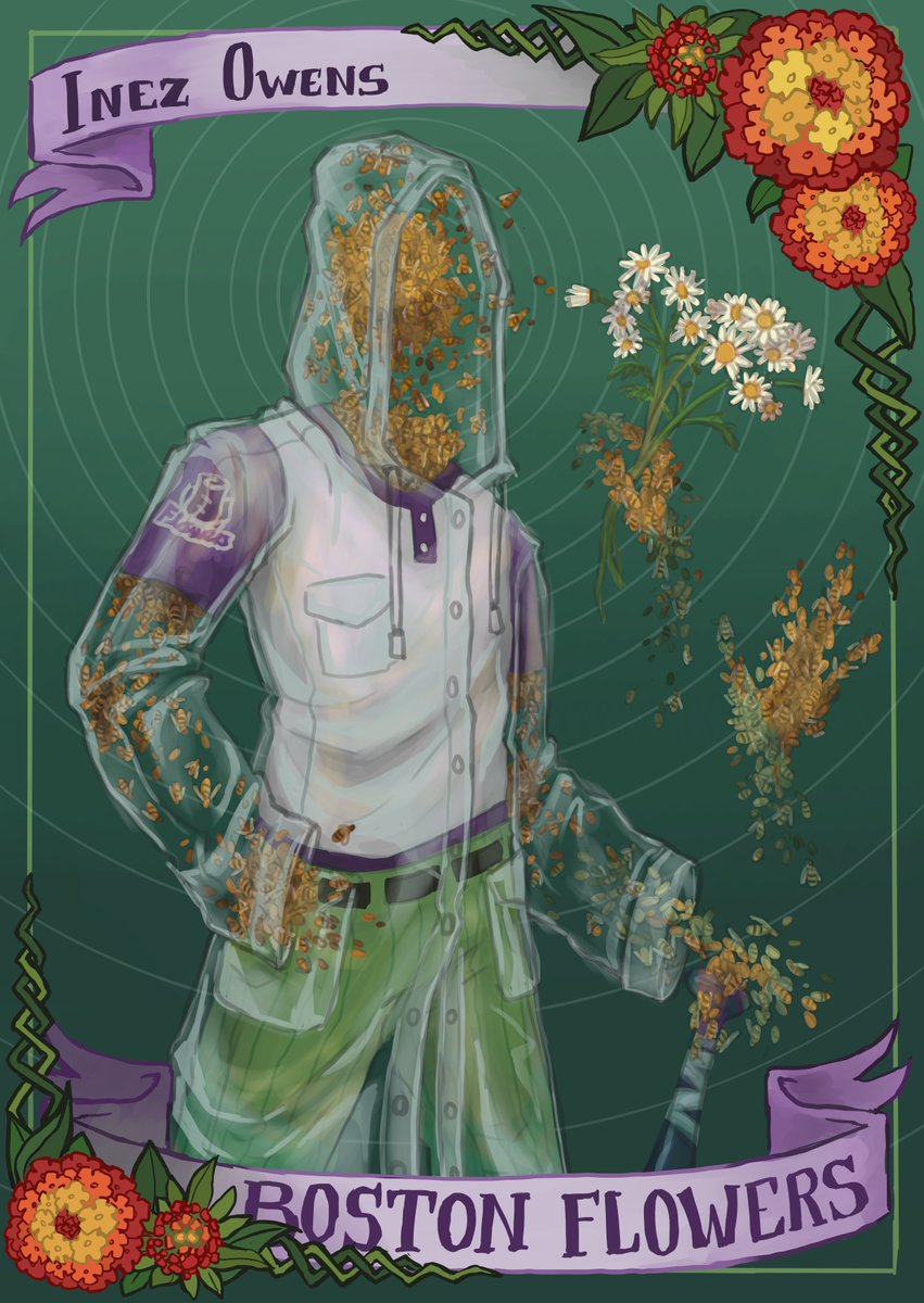 It's been a while, but things are still buzzing! I made this #blaseball card last year but left it unpolished, so its about time Inez got some love ~ 
<a href="/BOS_flowers/">🌹The NEW Boston Flowers🌹</a> <a href="/InezzzOwens/">Inez Owens 🌹🐝</a>