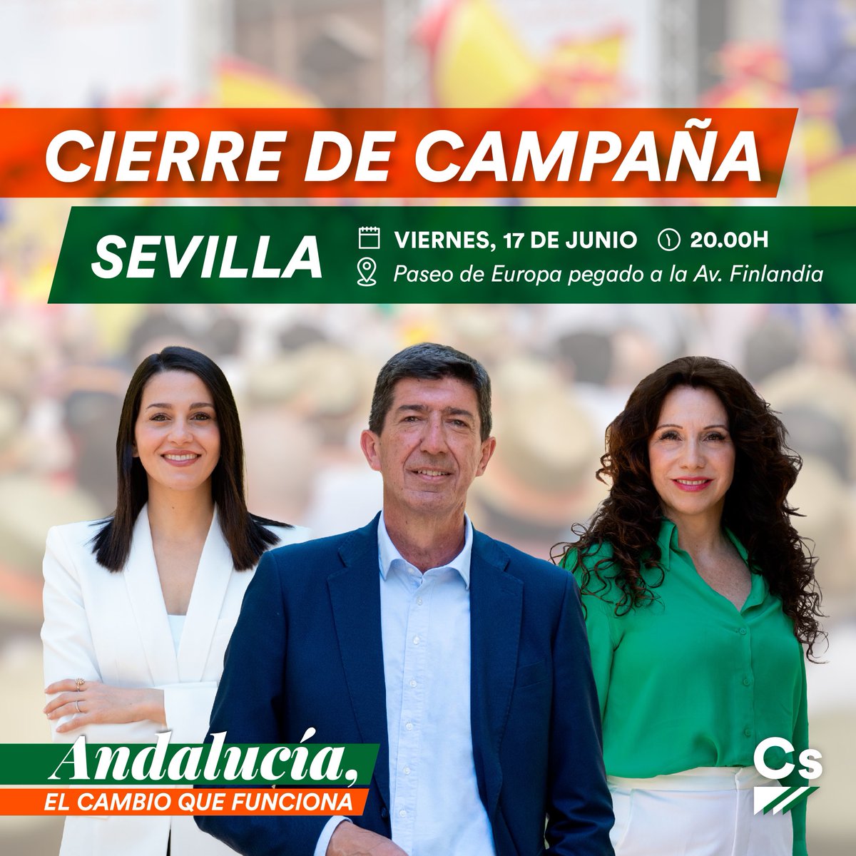 🍊 ¡Acompáñanos este viernes en el acto de cierre de campaña con <a href="/InesArrimadas/">Inés Arrimadas</a>, @JuanMarin_Cs y <a href="/RocioRuizDom/">Rocío Ruiz</a>! 

📌 A las 20:00h en el Paseo de Europa, pegado a la Av de Finlandia

💪 Ya falta menos para #ElCambioQueFunciona. 

🔛 Síguelo #EnDirecto aquí: youtu.be/OBmTzJa0m_Q