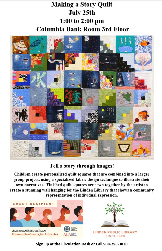 Come join us on July 25th &amp; make a quilting square! All the squares will then be transformed into a community quilt that will be on display at the library! Registration is required. Call 908-298-3830 or stop by the circulation desk!

#LindenNJ #LindenNJfun #LindenPublicLibrary