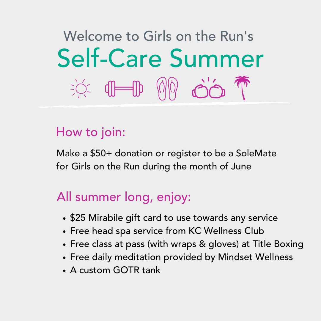 GOTRKC's tweet photo. Invest in your self-care this summer with Girls on the Run! Thank you to our incredible partners for providing a summer full of wellness. Learn more and sign up at https://t.co/X7kCszAKG5 today!
#gotrkc #girlsontherunkc #wellness #kansascity #kcnonprofit https://t.co/rPQF86PssC