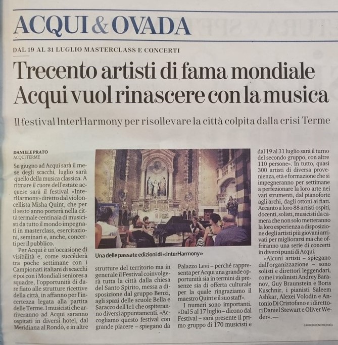 Recently in La Stampa - "Three hundred world famous artists- Acqui wants to be reborn with music.  The InterHarmony festival to revive the city hit by the crisis."

#InterHarmony #Italy