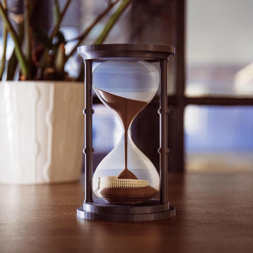 MosaicMfg's tweet photo. Designed in house and part of our “Idiom” series, we call this model Rome Wasn’t Built in a Day. Time is needed to create great things… like this hourglass! We used 4 colors of PLA filament - brown, white, clear, and grey. Check out the model on our Thingiverse, thing #5382411. https://t.co/ejDWq6eAZA