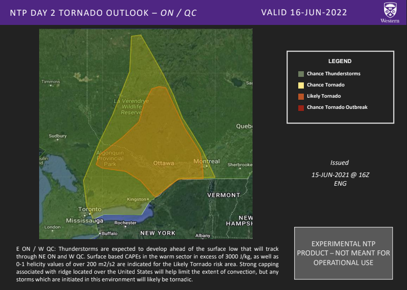 NTP meteorologists are expecting sufficient ingredients to come together in parts on ern ON and srn QC tomorrow for a 'Likely Tornado' threat, as shown on our *experimental* Day 2 Outlook product. A Day 1 update is possible tomorrow morning so stay tuned... #onwx #qcwx