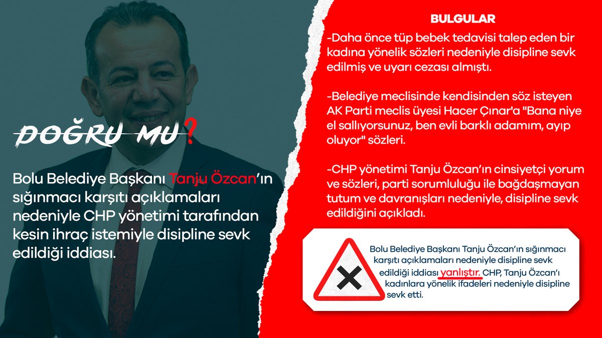 dogrumuorg's tweet photo. Bolu Belediye Başkanı Tanju Özcan'ın sığınmacı karşıtı açıklamaları nedeniyle disipline sevk edildiği iddiası doğru değil. Özcan, kadın belediye meclis üyesine yönelik cinsiyetçi ifadeleri nedeniyle disipline sevk edildi. https://t.co/xWH5uGBhti