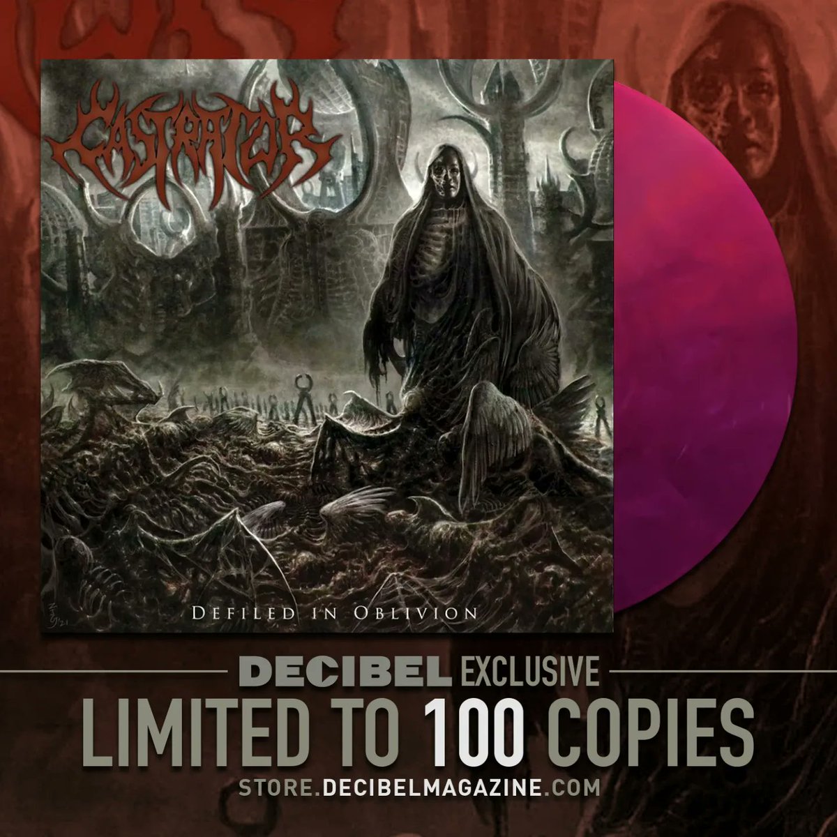 dbmagazine's tweet image. we're down to 20 copies of death metal mutilators #Castrator's debut LP #DefiledinOblivion on exclusive Hot Pink &amp;amp; Black Galaxy vinyl. Featuring members of Gruesome, Vicious Blade and @DerketaBand, who just slaughtered Metal &amp;amp; Beer Fest

Link to pre-order: store.decibelmagazine.com/collections/vi…
