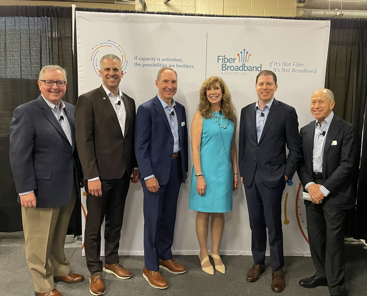 MatthewMPolka's tweet photo. Awesome to be with friends on the #FiberConnect2022 Industry Panel: (L-R) MMP, @PaulBreakman @nreca, Gary Bolton @fiberbroadband, @sbloomfield15 @NTCAconnect, @jdgrossman @CTATech, and @ACAConnects’ friend and counsel Tom Cohen @KelleyDrye @KelleyDryeComm! What a privilege! https://t.co/Np295106Eb