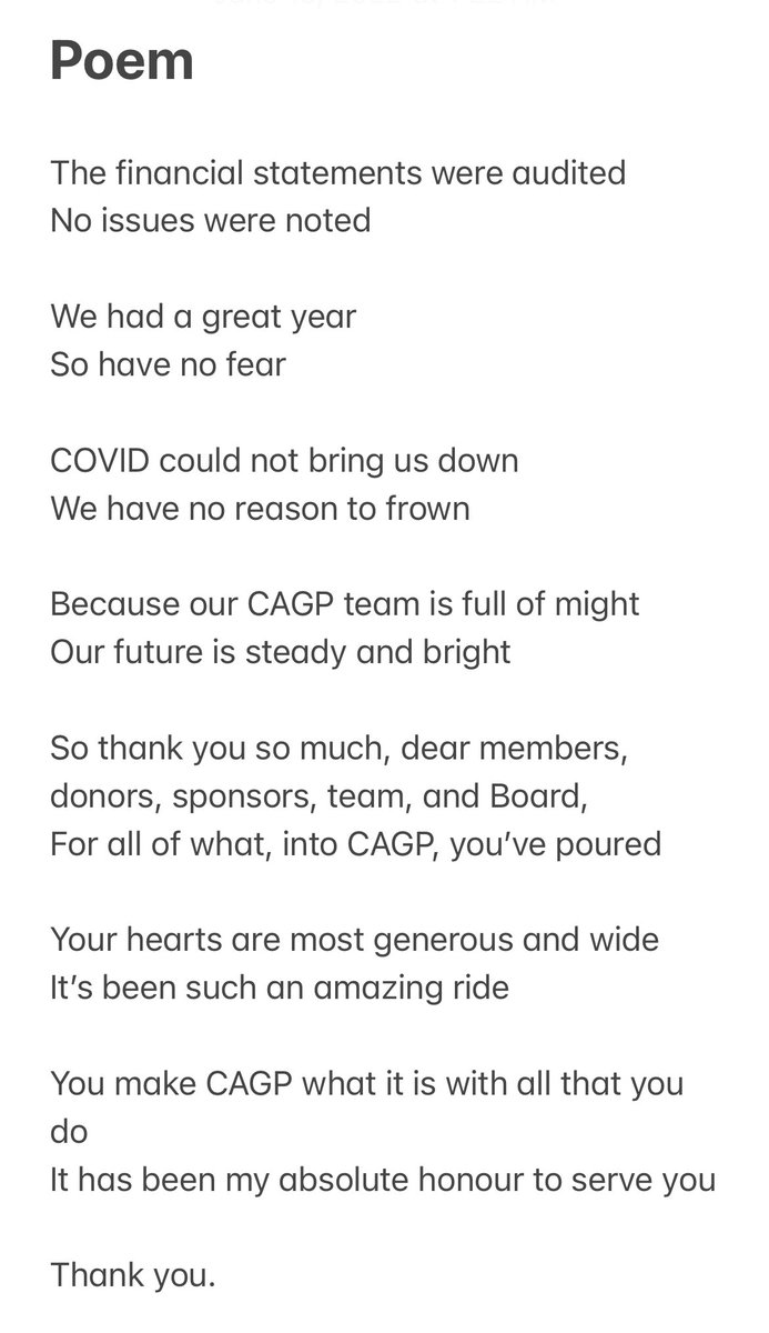 My sincere thanks for all the kindness and support over the past 6 years. It has been my honour to serve as your National Treasurer, <a href="/CAGP_ACPDP/">Canadian Association of Gift Planners</a>, along some of the most incredible people. Excited about what the future holds! #CAGP22 #FinancialPoetry #NotQuittingDayJob