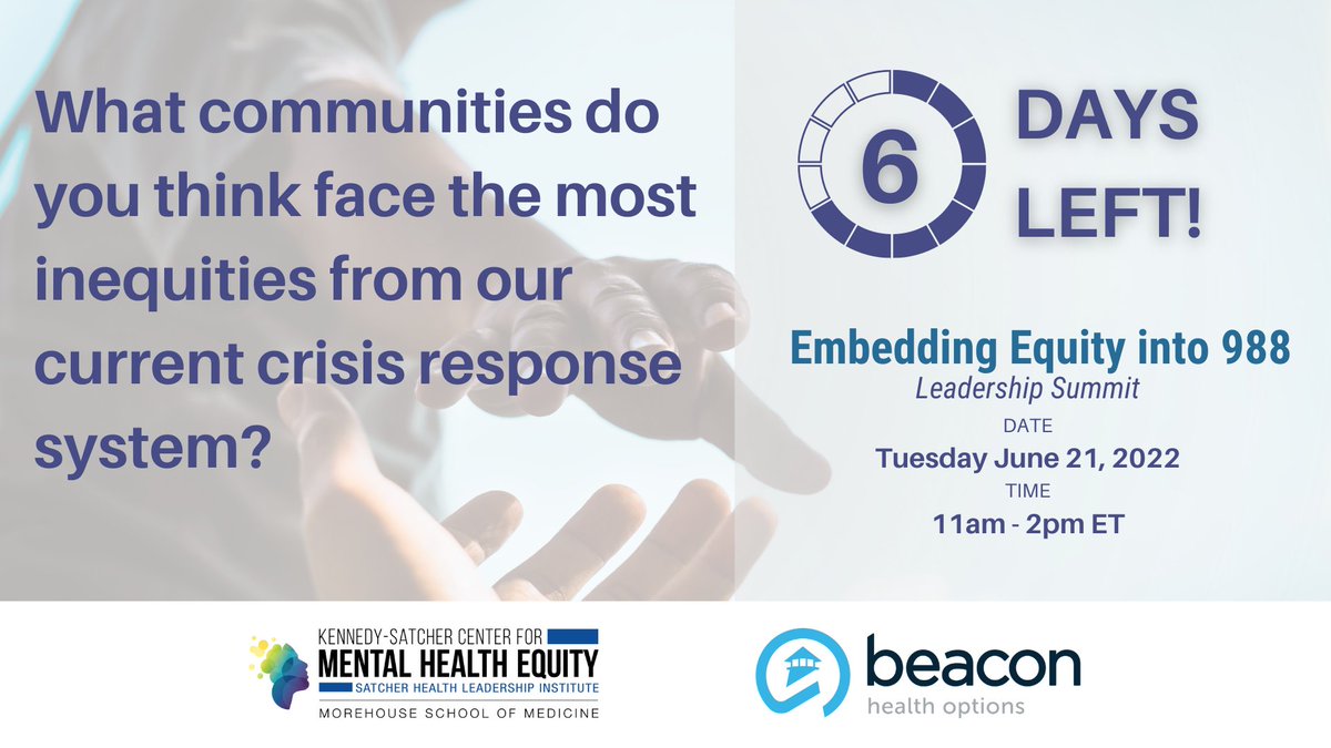 6 DAYS LEFT! Although not fully comprehensive, the policy brief identifies 14 groups that face inequities and trauma. Join us on Tuesday, June 21 to discuss how 988 can better address the needs of all: ow.ly/VfFk50Jye8A #MentalHealth #Equity