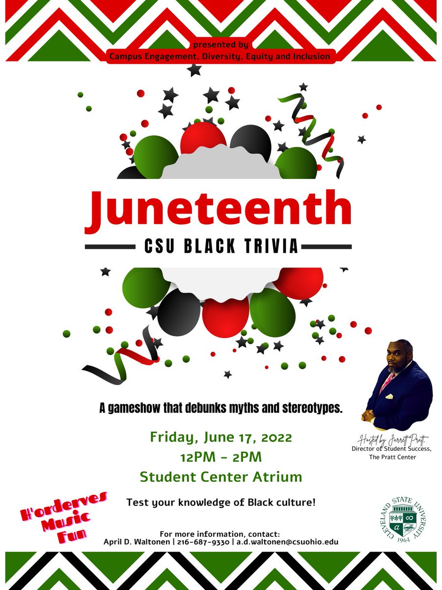 Test your knowledge of Black culture this Friday at CSU Black Trivia!  Enjoy music, food, and fun 12 noon to 2 PM in the Student Center Atrium.

#fosteringhope #clevelandstateuniversity #clevelandstate #CLEstate #engagedlearning 
#juneteenth 
#juneteenthcelebration
#blacktrivia