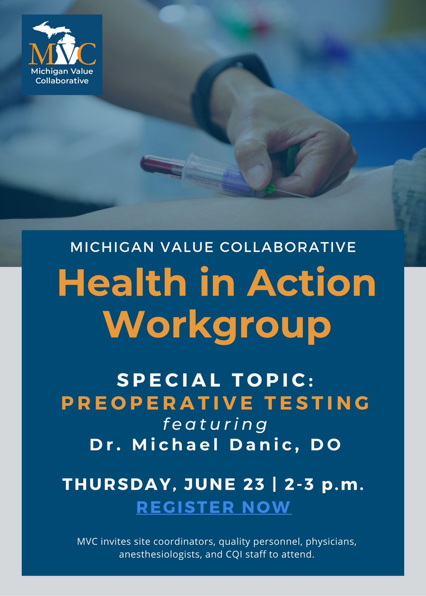 michiganvalue's tweet image. MVC will host a special workgroup next Thurs. on preop testing w/Dr. Michael Danic of Ascension Genesys. Join us for his presentation, &quot;Safe, Evidence-Based Reductions in Preoperative Testing: Why is it so hard to change?&quot; Register now: bit.ly/3xwwis5
#PreopTestingWeek