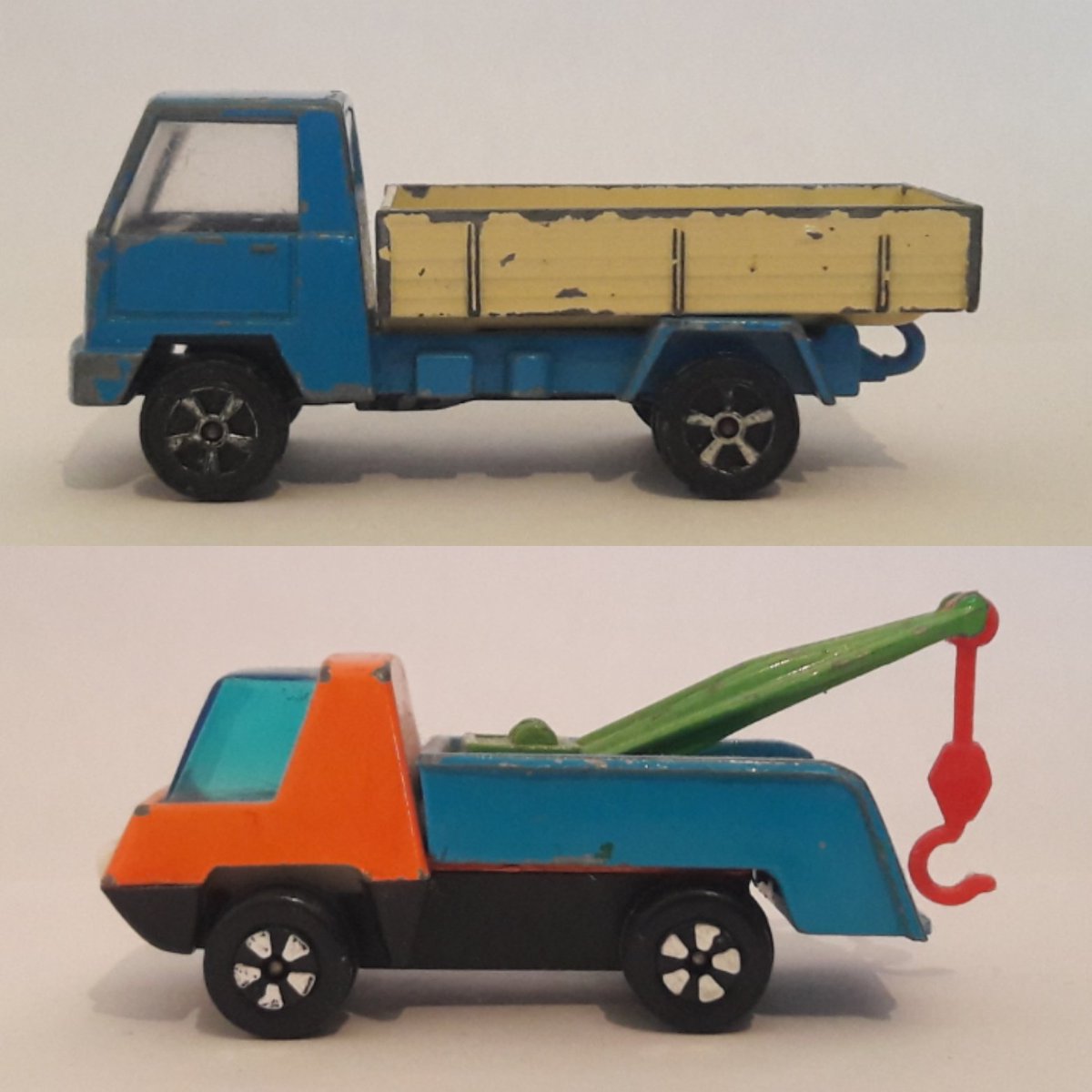 On top a Play-Me (or 'Play/Me') Toys "Camión Carga", a Spanish 1:72, probably late 70's though I can't find a date. It reminded me stylistically of something by Hong Kong's #Playart which produced the generic Wrecker Truck (Fastwheels model 7129) in the 2nd picture.