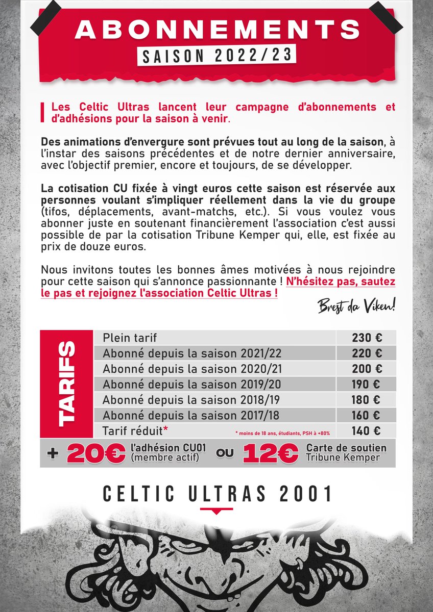 CelticUltras's tweet image. Première perm' le lundi 20 juin de 17H30 à 19H30 au bar le "Victor Hugo" à Brest !

ℹ️ Règlement par chèque ou espèces.
⚠️Photocopie obligatoire de votre carte d'identité pour tout abonnement. Une photocopie de votre abo 21/22 est aussi demandée dans le cadre d'un réabonnement.⚠️