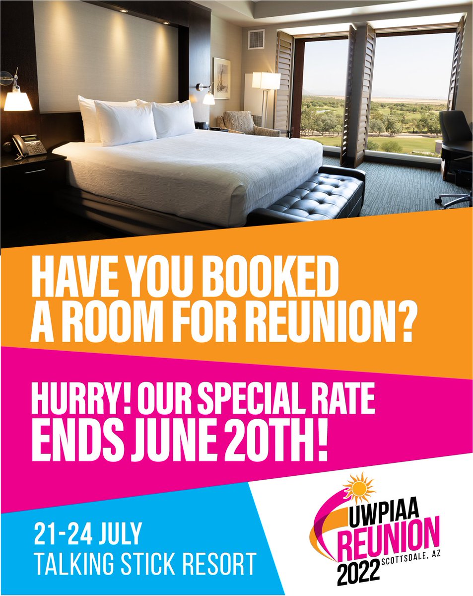 UWPIAA's tweet photo. Reunion Attendees: Please be sure to have booked your room on or before 20 June! After that, our special rate goes away and any unclaimed rooms in our room block are released to the general public.
The hotel booking link is in your registration confirmation email. https://t.co/mrOrNjqM0S