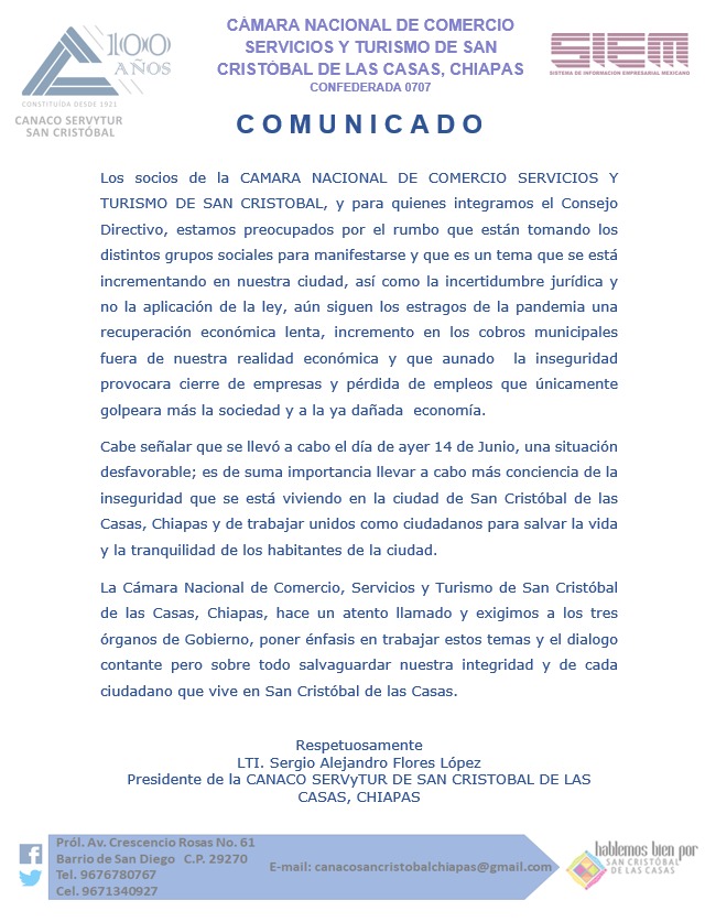 𝐂𝐎𝐌𝐔𝐍𝐈𝐂𝐀𝐃𝐎 𝐃𝐄 𝐏𝐑𝐄𝐍𝐒𝐀

La Cámara Nacional de Comercio, Servicios y Turismo de San Cristóbal exhorta al gobierno del estado para la resolución de conflictos 

#HablemosyActuemosBienPorSanCristobal
#SoyCANACO #aplicacióndeleyes
Gobierno de Chiapas