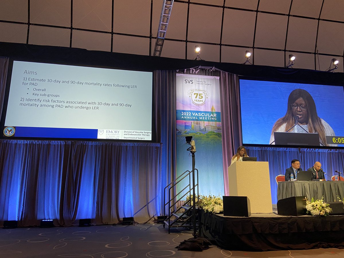 AeroMD's tweet photo. Dr Olamide Alabi @EmoryVascSurg discusses patient level factors associated with death in patients undergoing interventions for PAD . Patients >85 yo undergoing intervention have 15% 90-day mortality @VESurgery #VESS22 https://t.co/XTvOabb3EM
