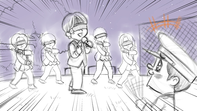 先ほど関東地区で放送されたテレビ朝日「BREAKOUT」で描いたイラスト。信号待ちで激しく踊る学芸大青春・蓮さん。
陽介さんがお世話になった警察官を呼んで公園ライブする学芸大青春。楽しく描けました。ありがとうございました #学芸大青春 #BREAKOUT_TV