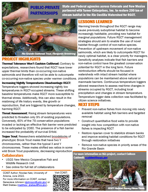 nmsu_fwce's tweet photo. New CCAST case study focusing on threat assessment for, &amp; conservation of, the Rio Grande Cutthroat Trout. The short &amp; sweet document summarizes years of hard work by FWCE's Dr. Colleen Caldwell and her students &amp; colleagues #ActionableScience
https://t.co/0exNez5Y1b #StoryMaps https://t.co/i0ZrOuUzee