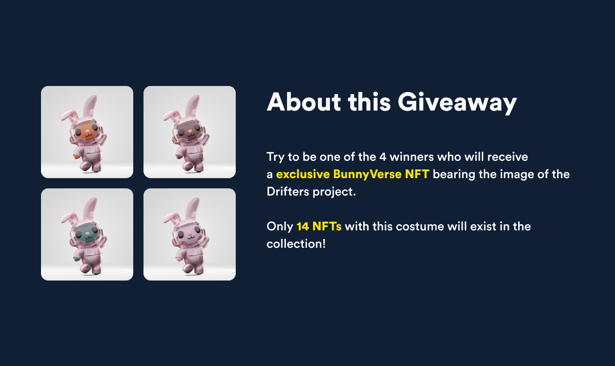 bunnyverse_egld's tweet photo. @drifters_nft 2/ We're giving away 4 of the 14 BunnyVerse in Drifters bunny suits NFTs that will be part of our 5000 Bunnies collection !

You have 1 week to participate.

Note: NFTs will be distribute later https://t.co/uqCVQkgMy5