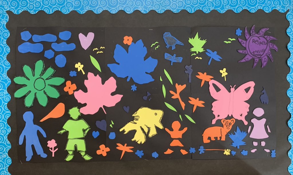 Ms_Italiano's tweet photo. Students at @HerbCampbell_PS created a beautiful mural for the classroom inspired by Métis artist @christibelcourt  @agotoronto https://t.co/waqzn8Qoay