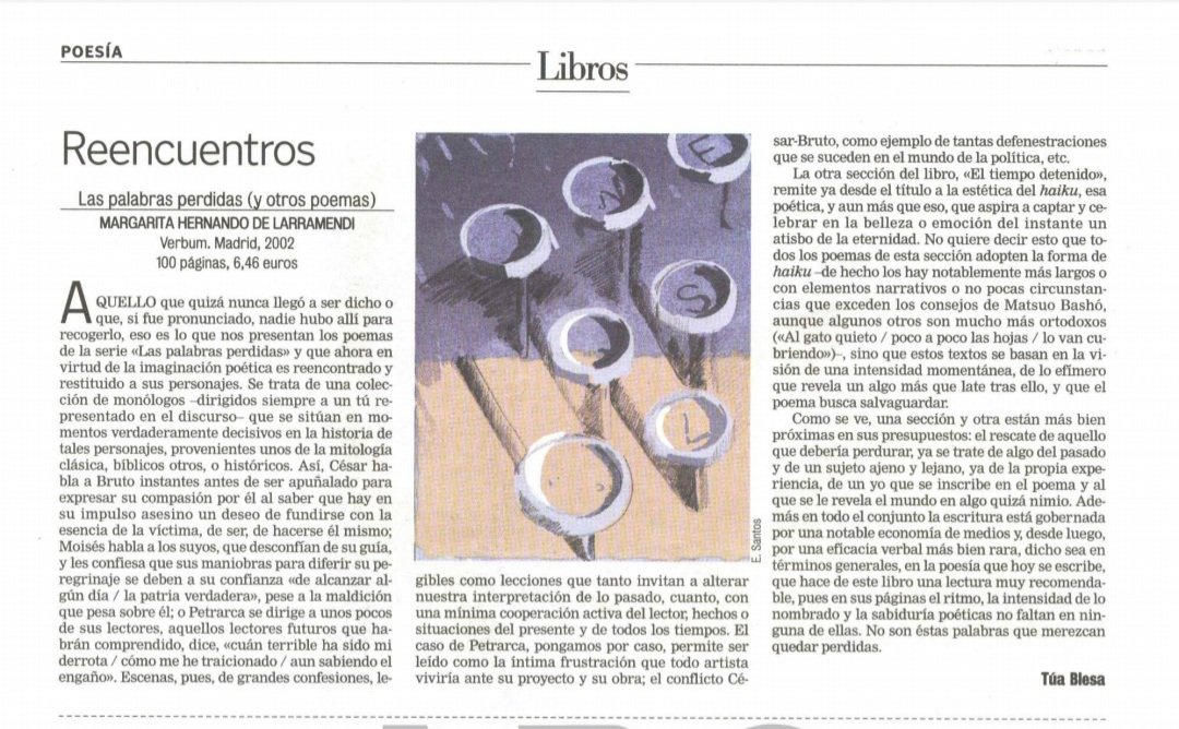 margalarramendi's tweet photo. #LoQueYoVeo #TalDiaComoHoy La reseña en @ABC_Cultural de mi libro "Las palabras perdidas (y otros poemas)", publicado por @EditorialVerbum ¡Hace ya 20 años! https://t.co/Y1iD8ot1pw