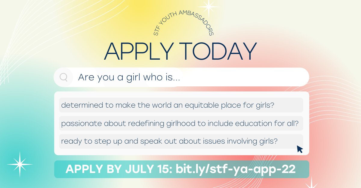 Applications are open for our 2022-2023 cohort of Youth Ambassadors! Learn more about this global leadership opportunity for girls and apply by July 15 at bit.ly/stf-ya-app-22 (link in bio!)