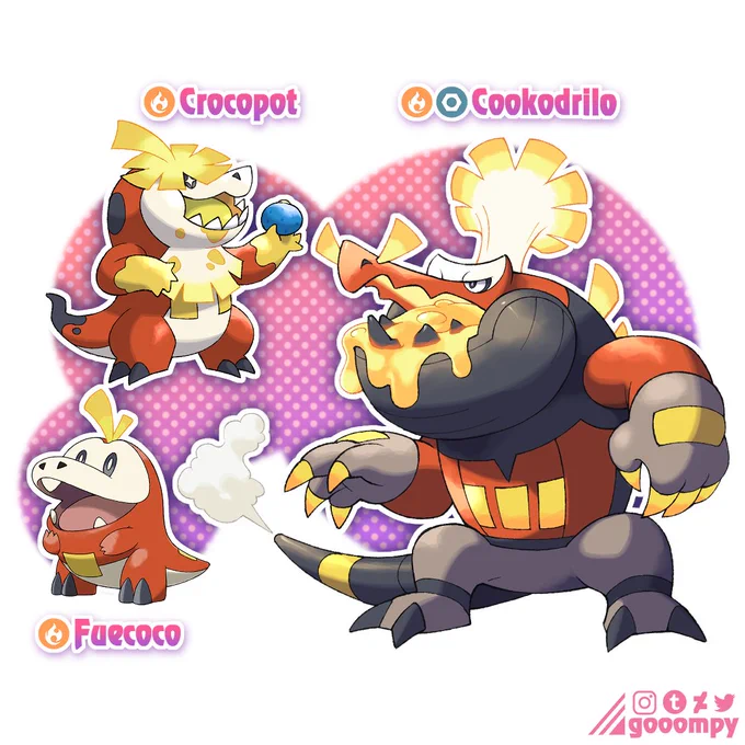 my fuecoco evolution design, all themed after cooking and food!

"Within its jaws, Cookodrilo heats rocks, metal scraps, and anything else it eats into a molten slurry. This concoction is said to taste spicy, though the claim remains unverified."

#fakemon #PokemonScarletViolet 