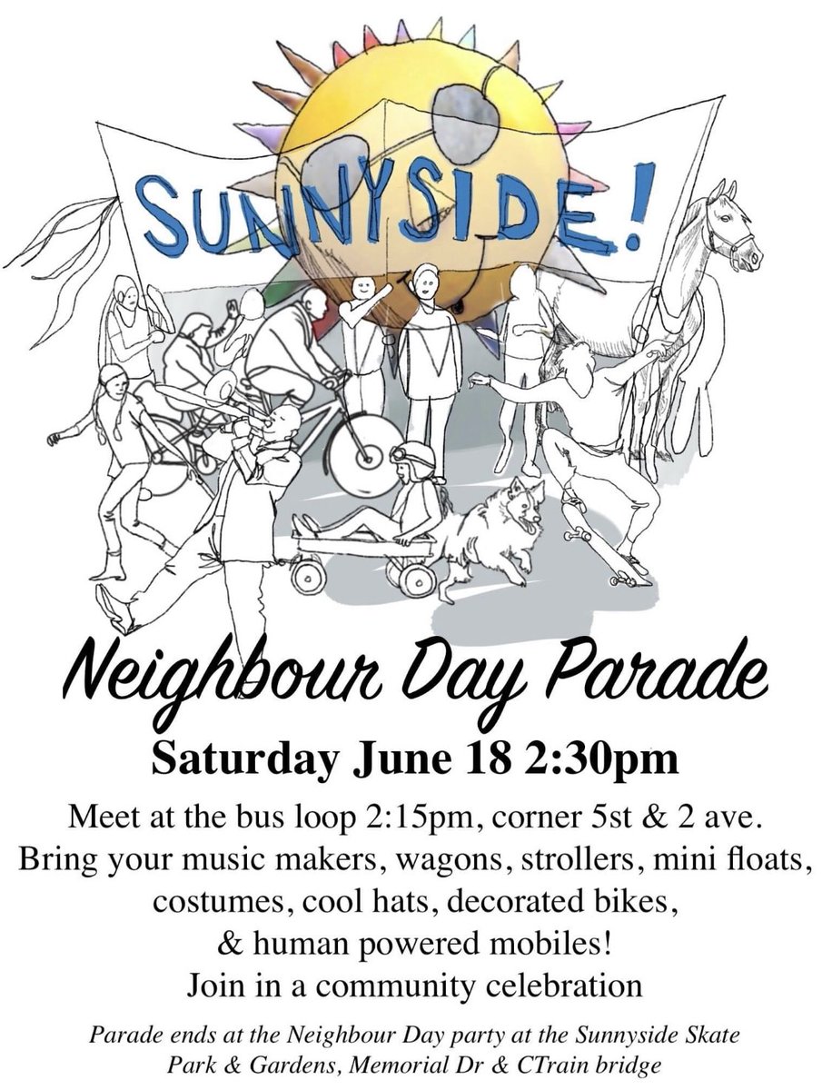 CPageYYC's tweet photo. #Neighbourday2022 parade happening this Saturday 2:30 in Sunnyside! Dress up, decorate your mobility choice, party at #bowtobluff to follow. Come join us! https://t.co/0U9ackkOF5