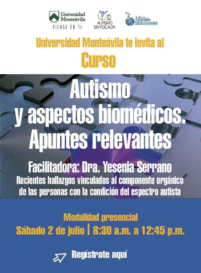 Los invitamos a participar en esta enriquecedora sesión sobre los Aspectos Biomédicos del Autismo, de la mano de nuestra profe <a href="/drafoniatra/">Dra. Yesenia Serrano Lorenzo</a> 

Un evento del <a href="/CediscUMA/">Cedisc-UMA</a> <a href="/AenVozAlta/">Autismo en Voz Alta</a> y <a href="/Monteavila/">Universidad Monteávila</a> 

¡No te lo pierdas!