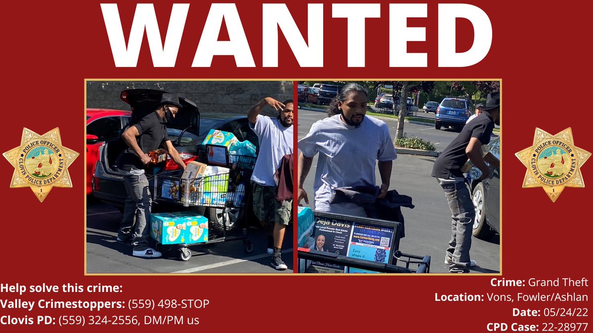 #Wanted - These 2 suspects are stole over $1,000 worth of goods at Vons on 05/24/22.

Got info? Call <a href="/ValleyCrimeStop/">Crime Stoppers</a> at (559) 498-STOP,  call us at (559) 324-2556, or DM us!

CPD Case 22-28977.